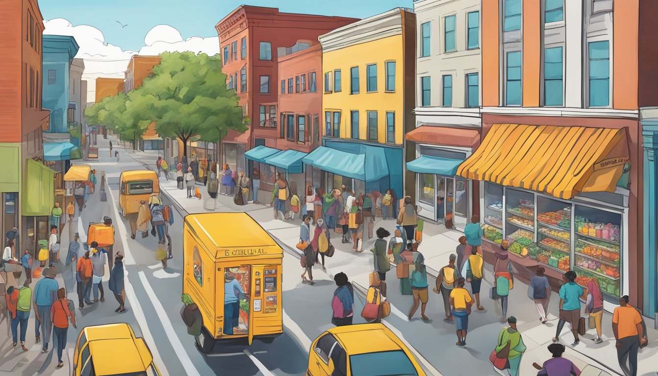 A bustling street in Chattanooga, TN with a colorful community fridge adorned with local artwork and surrounded by people dropping off and picking up food items