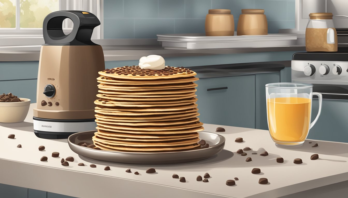 A stack of chocolate chip Eggo waffles sits on a kitchen counter, surrounded by a toaster and a jar of syrup