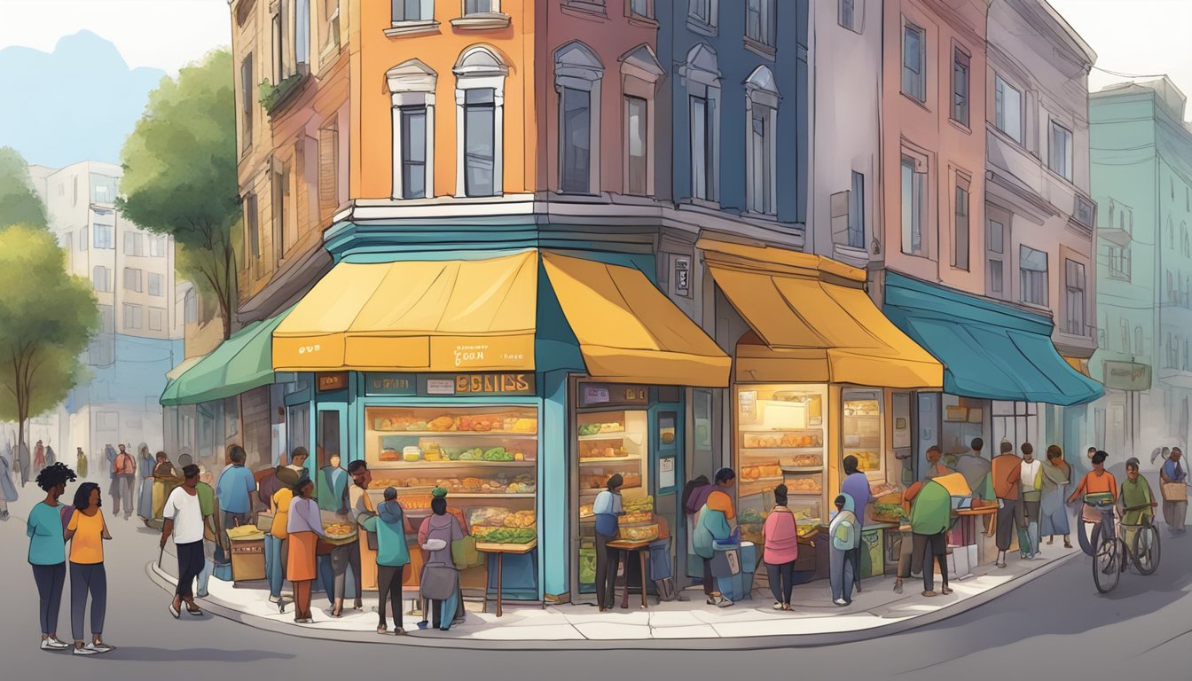 A bustling street corner with a colorful community fridge surrounded by diverse locals exchanging food and goods