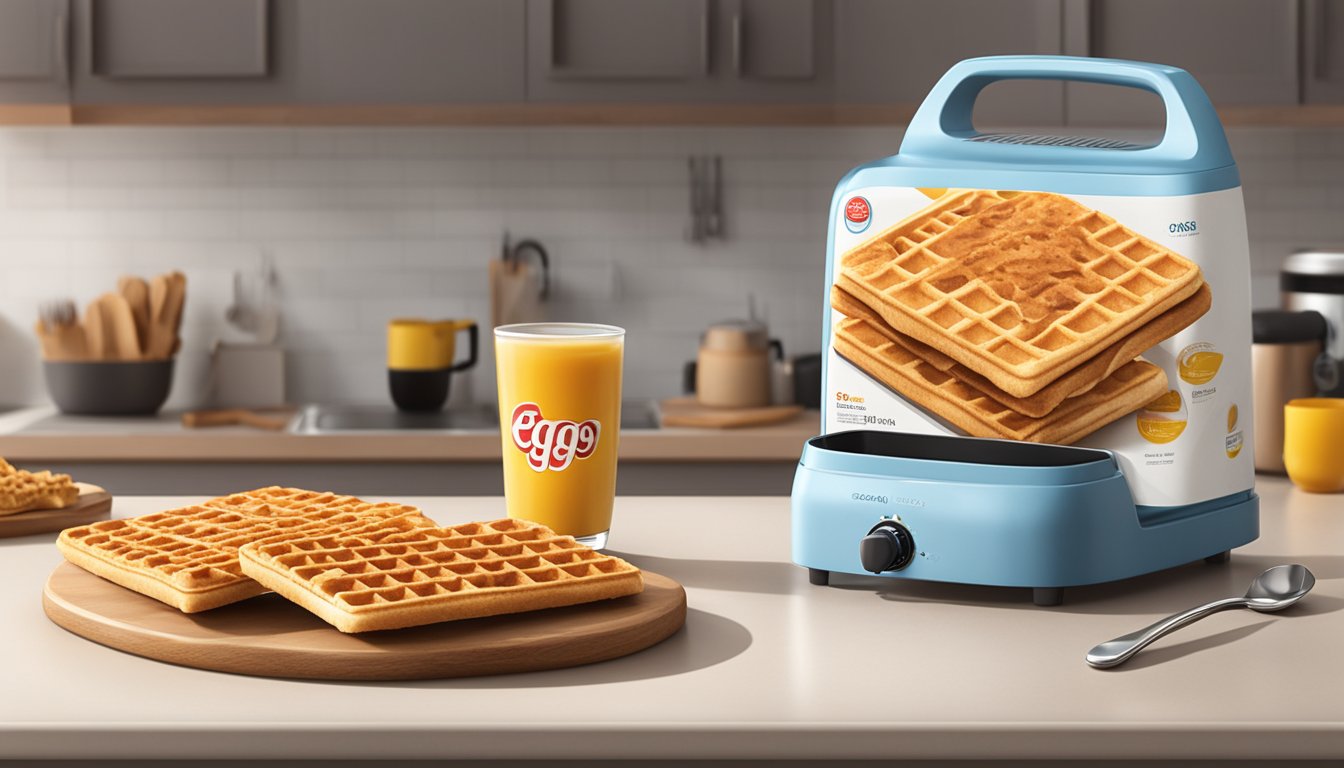 A box of Eggo cinnamon toast waffles sits on a kitchen counter, with a toaster in the background