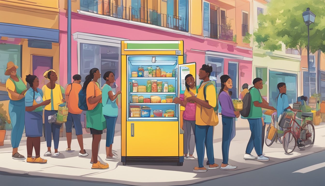 A brightly colored community fridge surrounded by people adding food, with posters and flyers promoting local awareness and support