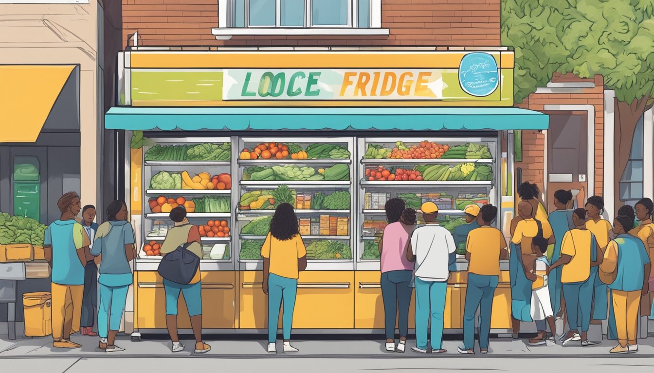 A vibrant local community fridge in Chattanooga, TN, filled with fresh produce and packaged goods, surrounded by eager visitors seeking to contribute and take what they need