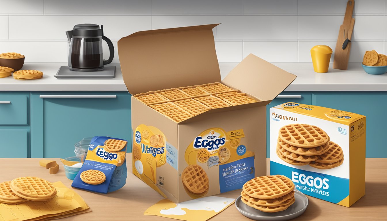 A box of Eggo chocolate chip waffles sits on a kitchen counter next to a calendar, with a few waffles missing from the package