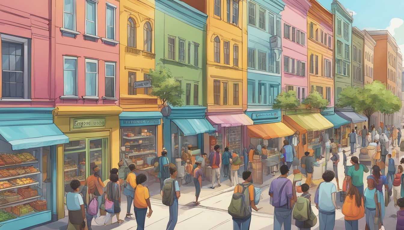 A bustling street filled with diverse businesses and residents, with a colorful community fridge at the center, surrounded by people exchanging food and goods