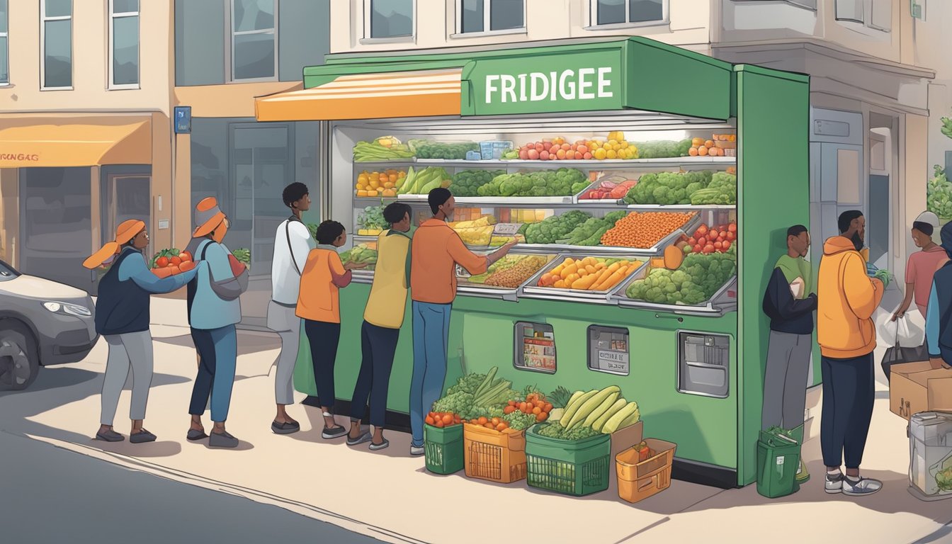 A community fridge filled with fresh produce and packaged goods, surrounded by local residents exchanging items