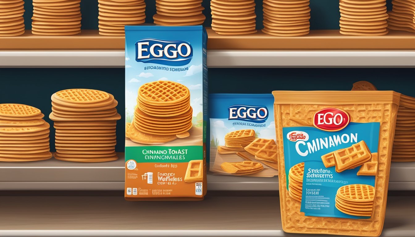 A pantry shelf with a box of Eggo cinnamon toast waffles, expiration date visible