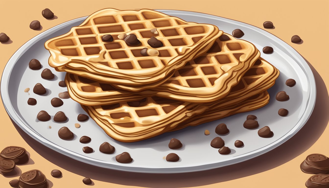 A stack of Eggo chocolate chip waffles sits on a plate, with a few scattered chocolate chips around it. The waffles are slightly golden and steam rises from them