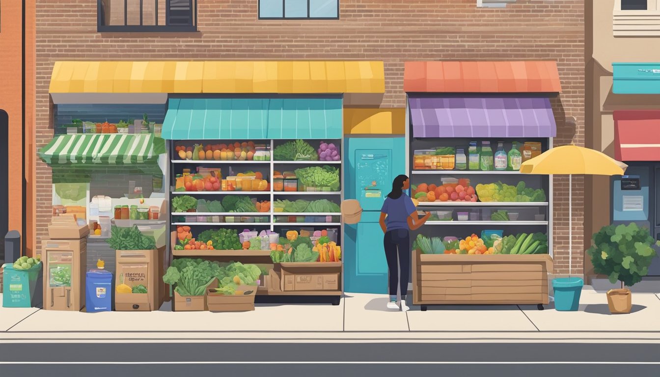 A colorful community fridge adorned with murals and filled with fresh produce and packaged goods, surrounded by a diverse group of people in Fort Worth, Texas