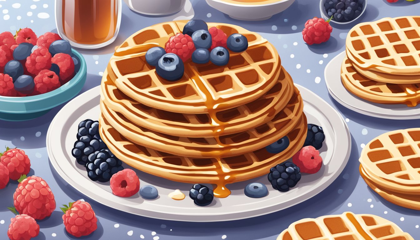 A stack of Eggo Cinnamon Toast waffles sits on a plate, surrounded by frozen berries and a drizzle of maple syrup