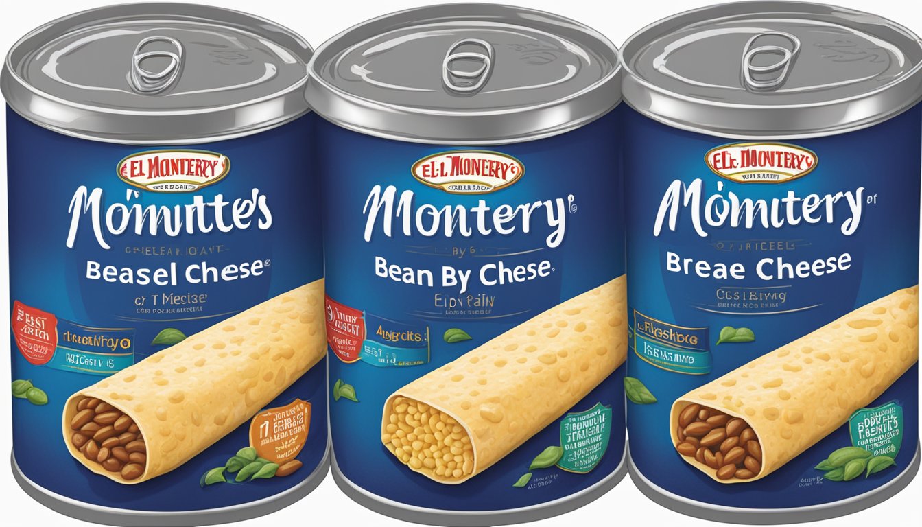 A pantry shelf with neatly stacked El Monterey bean and cheese burritos in their original packaging, with a "best by" date clearly visible