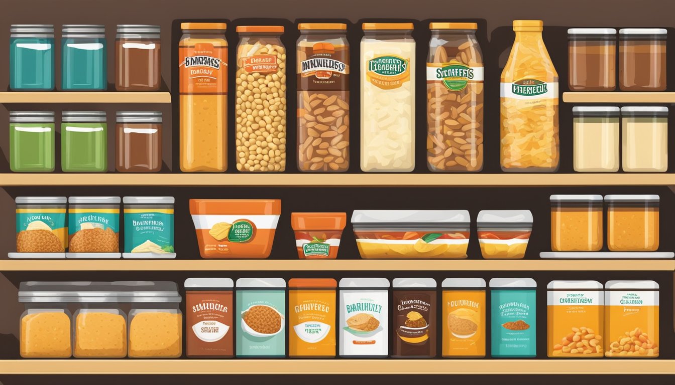 A pantry shelf with neatly stacked El Monterey bean and cheese burritos, surrounded by various canned goods and dry goods