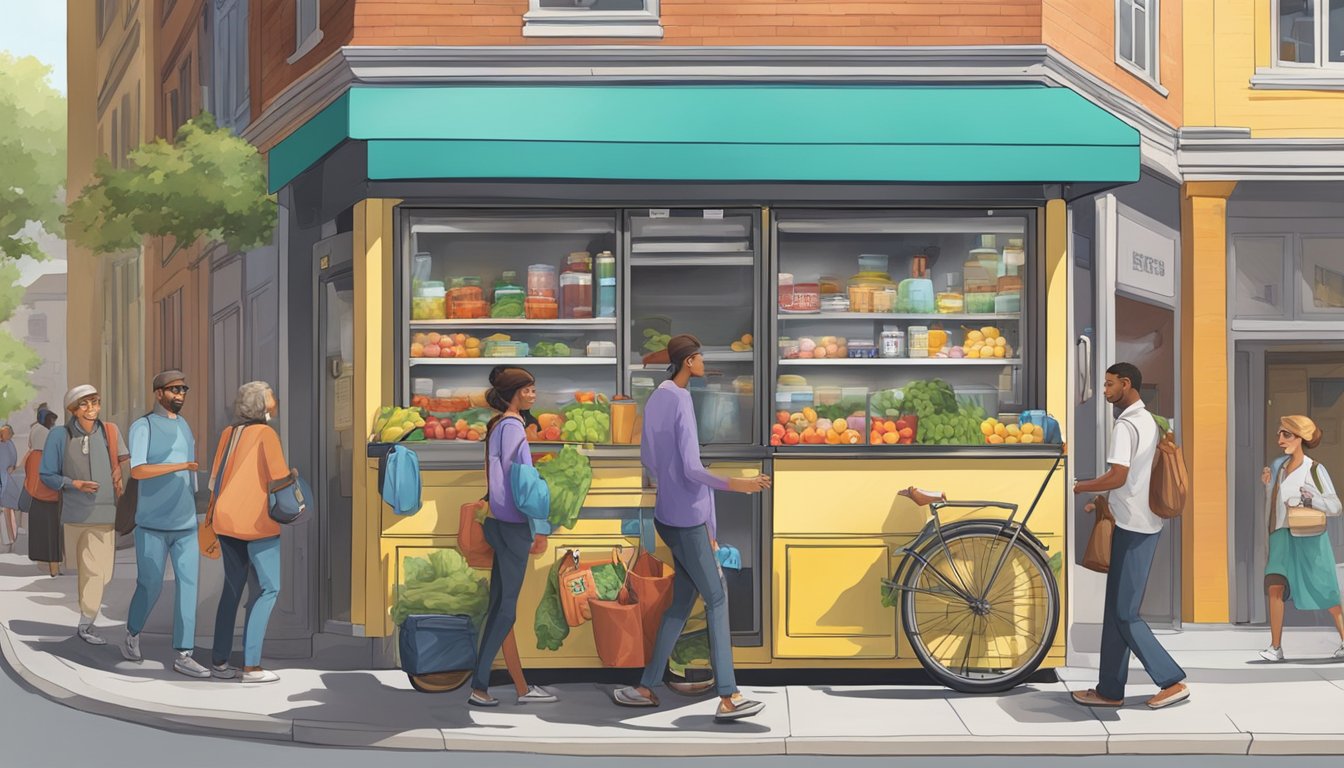 A bustling street corner with a colorful, well-stocked community fridge surrounded by people coming and going