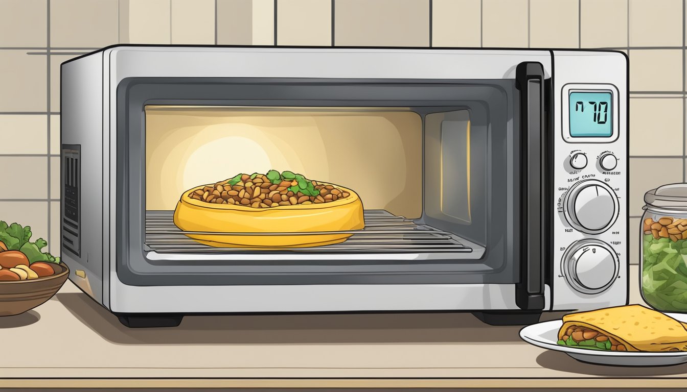 A microwave with a steaming El Monterey bean and cheese burrito on a plate, surrounded by a timer set for reheating