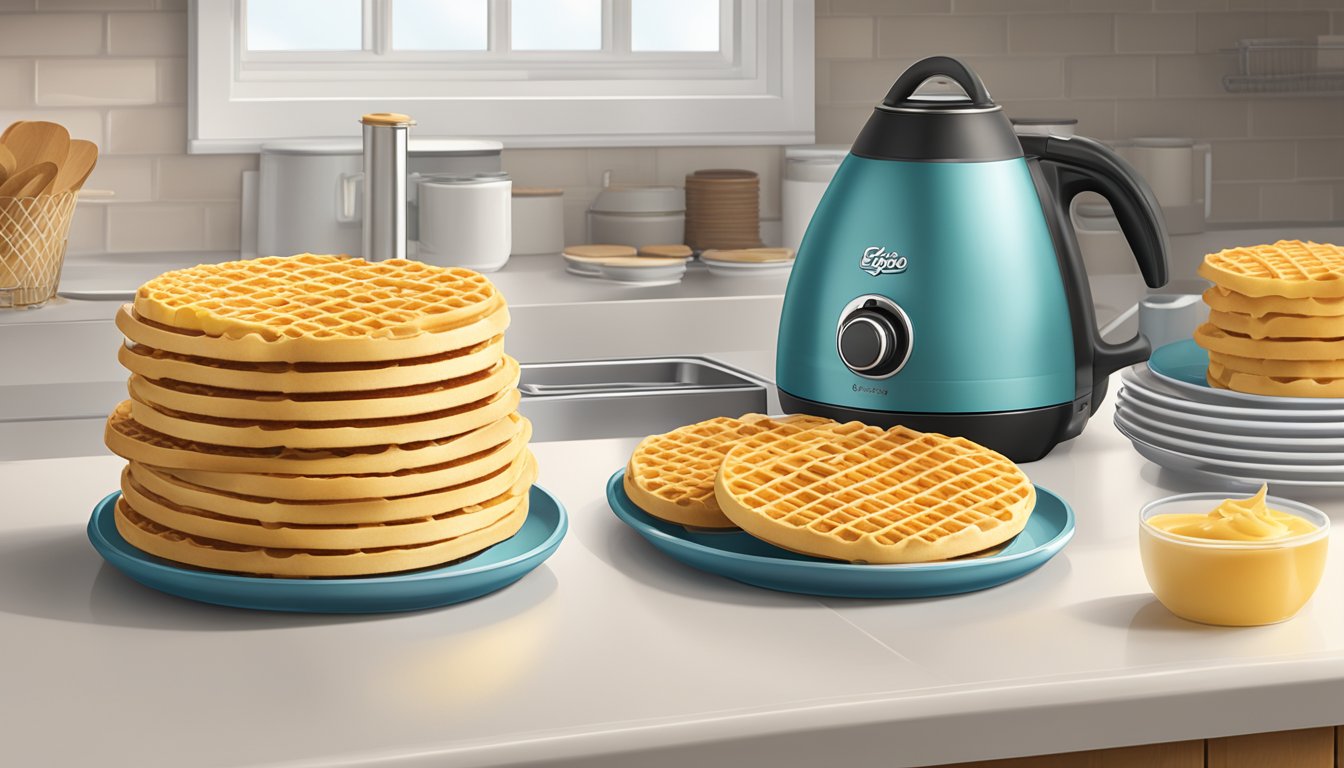 A box of Eggo Homestyle waffles sits on a kitchen counter, with a few waffles stacked on a plate next to a toaster