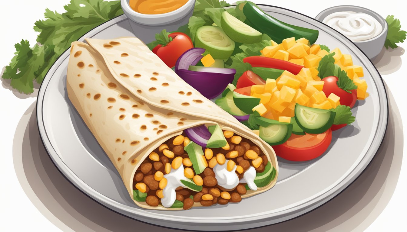 A plate of El Monterey bean and cheese burritos surrounded by fresh vegetables and garnished with a dollop of sour cream