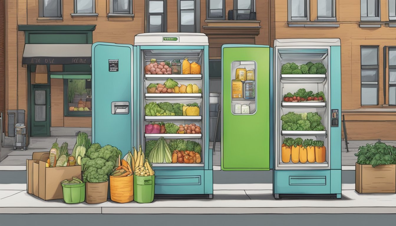 A community fridge sits on a city sidewalk, filled with fresh produce and packaged goods. People come and go, exchanging items and sharing in the collective effort to combat food insecurity