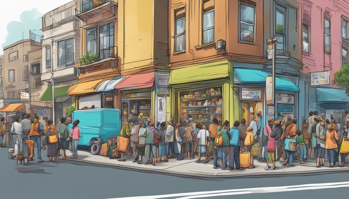 A bustling street corner with a colorful, graffiti-covered refrigerator surrounded by people donating and taking food