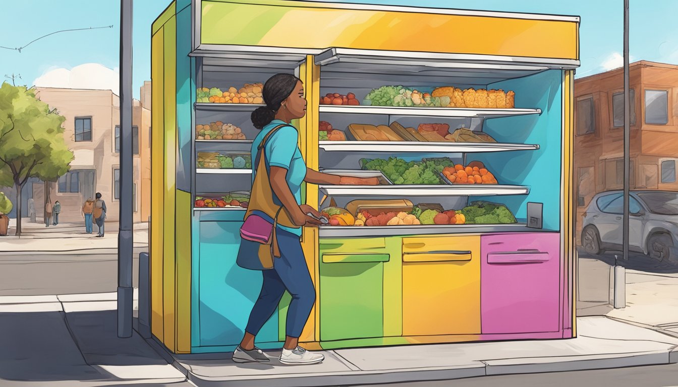 A person placing food inside a brightly painted community fridge on a sunny street corner in El Paso, Texas