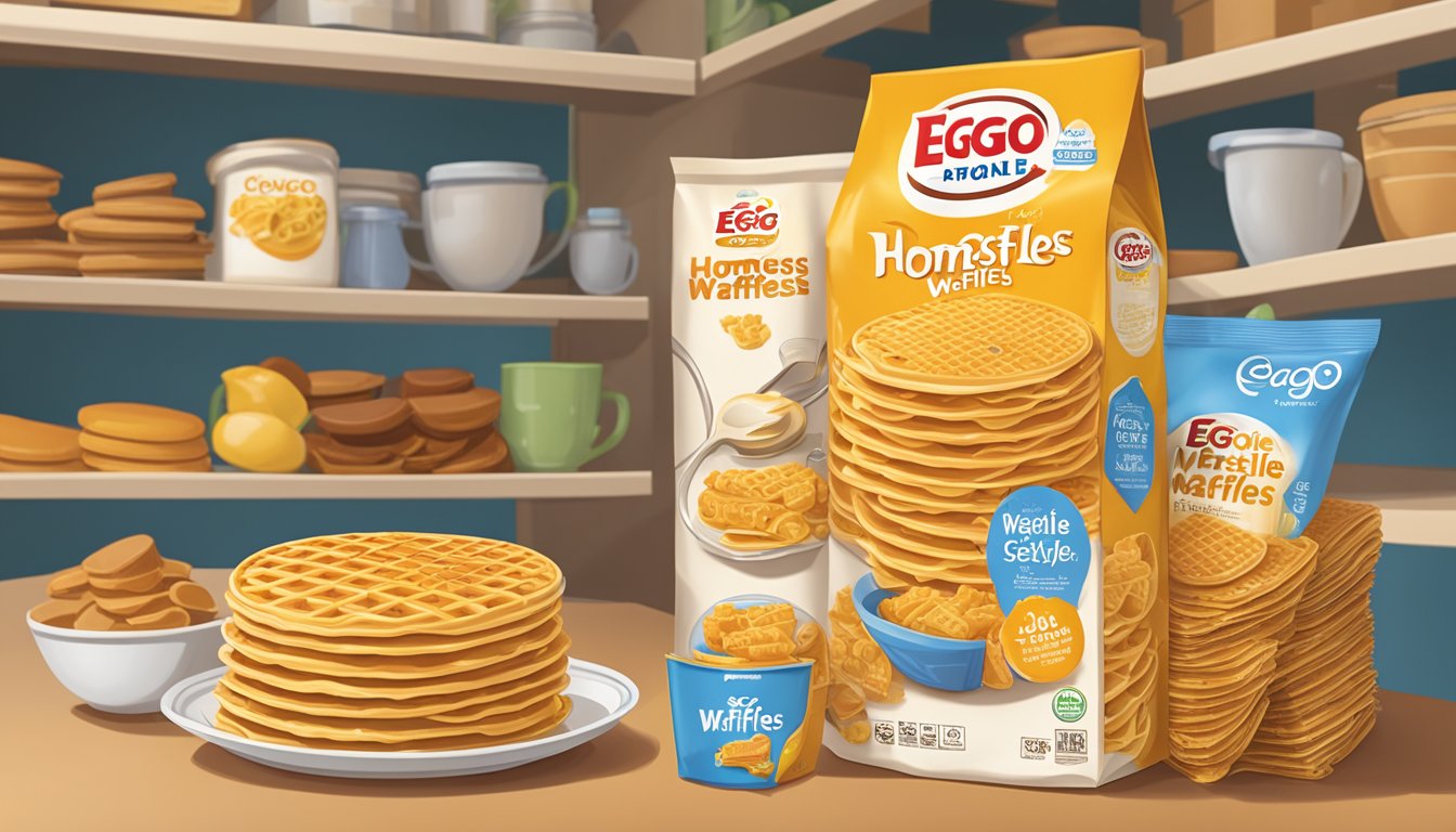 A stack of Eggo Homestyle waffles sits on a pantry shelf, surrounded by other breakfast items. The packaging is unopened, and the waffles are in perfect condition