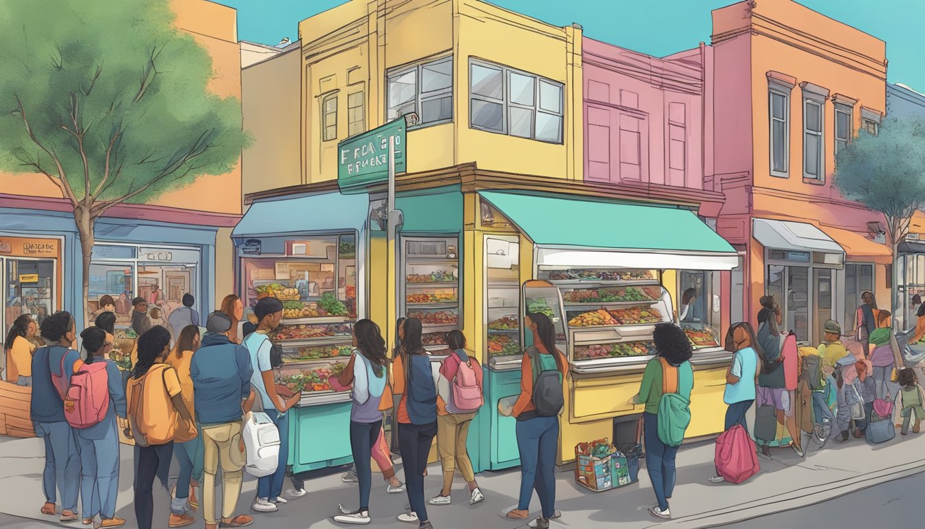 A bustling street in El Paso, TX with a colorful community fridge surrounded by people donating and taking food