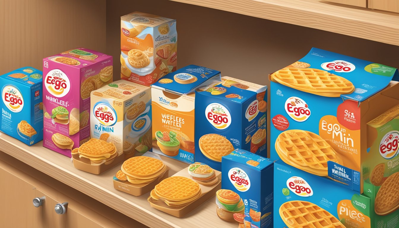 A box of Eggo mini waffles sits on a pantry shelf, surrounded by other breakfast items. The packaging is colorful and inviting, with a prominent expiration date