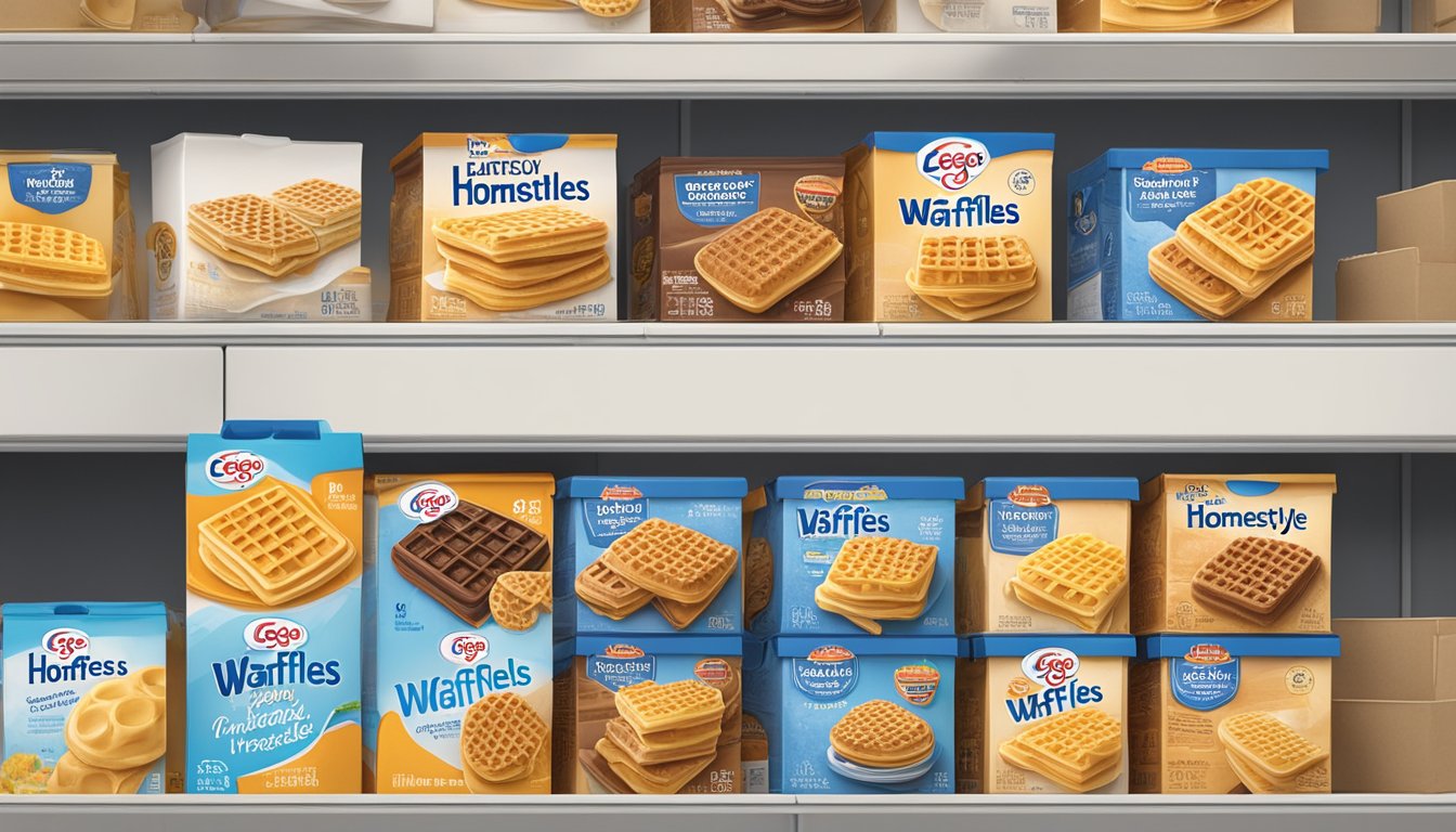 A box of Eggo Homestyle waffles sits on a pantry shelf next to other frozen items. The packaging is unopened and the waffles are neatly stacked inside