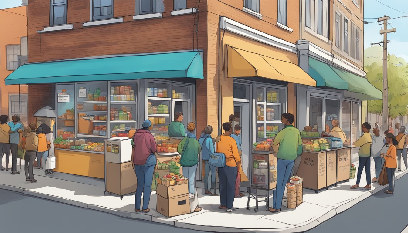 A bustling street corner with a colorful community fridge surrounded by people donating and taking food items. Nearby, a sign promotes local food banks and pantries