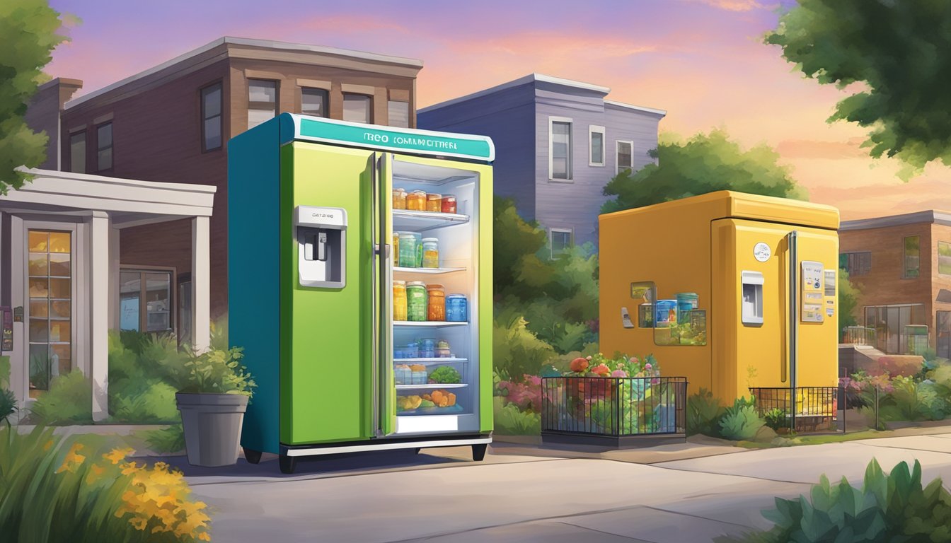 A colorful local community fridge in Grand Prairie, TX, surrounded by diverse buildings and greenery