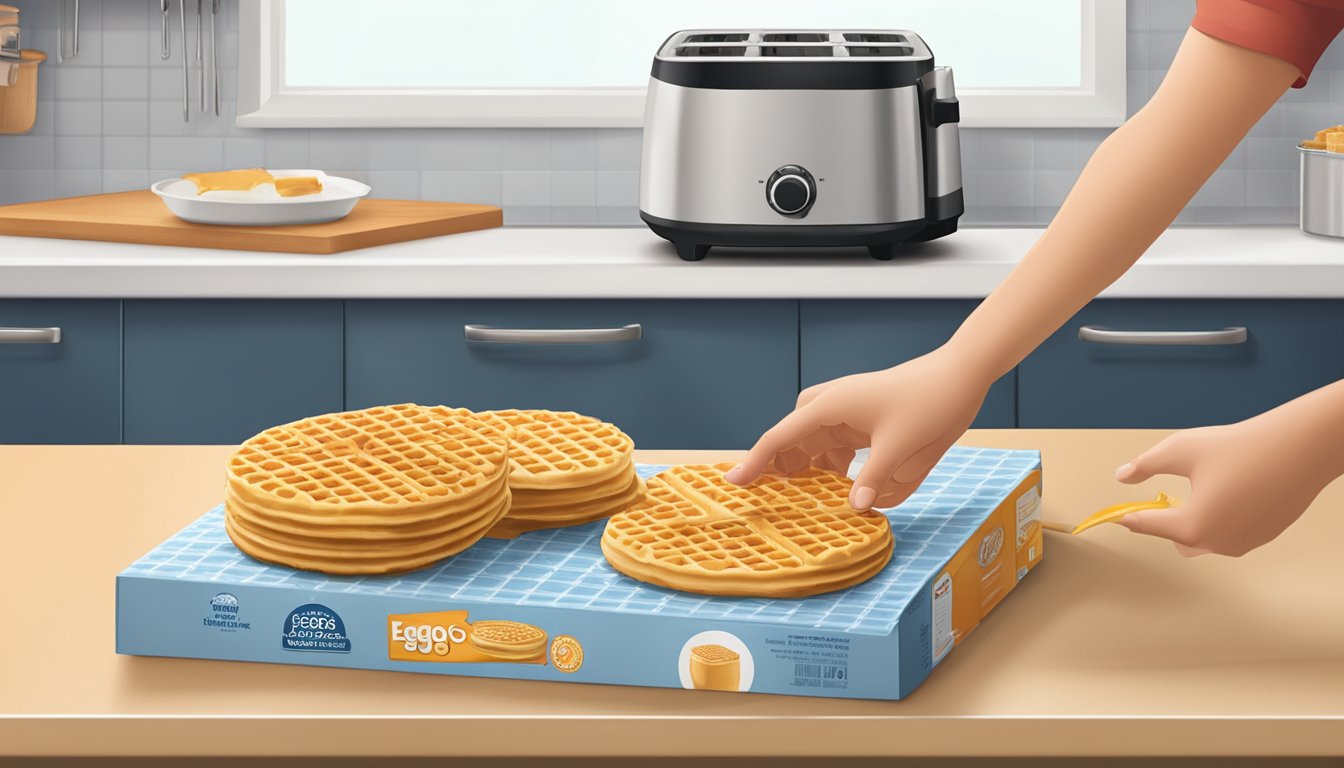 A box of Eggo Homestyle waffles sits unopened on a kitchen counter, next to a toaster. A hand reaches for a waffle, ready to be toasted and consumed