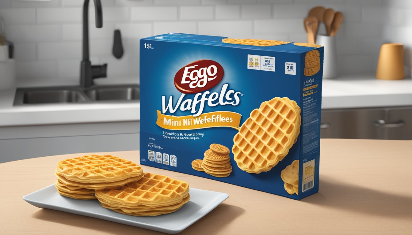 A box of Eggo mini waffles sits on a kitchen counter, with a "best by" date visible on the packaging. A few waffles are placed on a plate, showing signs of mold and discoloration