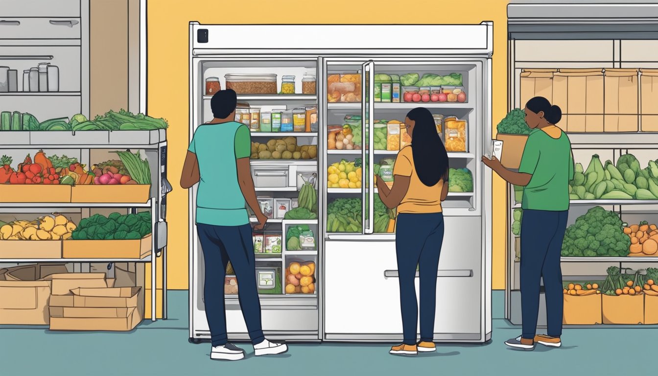 A community fridge stocked with fresh produce and non-perishable items, surrounded by eager volunteers organizing donations in El Paso, TX