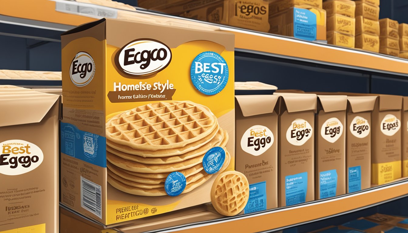 A box of Eggo Homestyle waffles sits unopened on a pantry shelf, with a "best by" date visible on the packaging