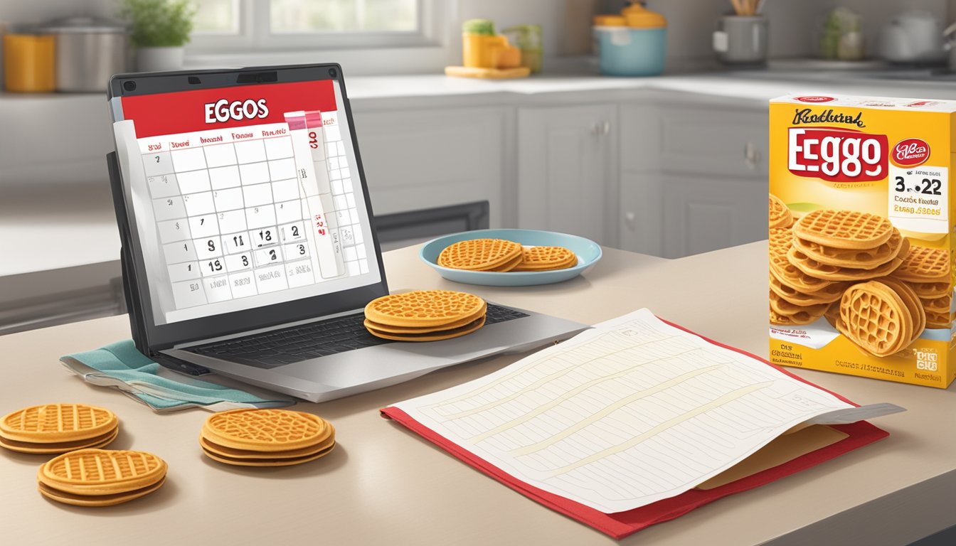 A box of Eggo mini waffles sits on a kitchen counter, with a calendar nearby showing the current date and an expiration date circled in red