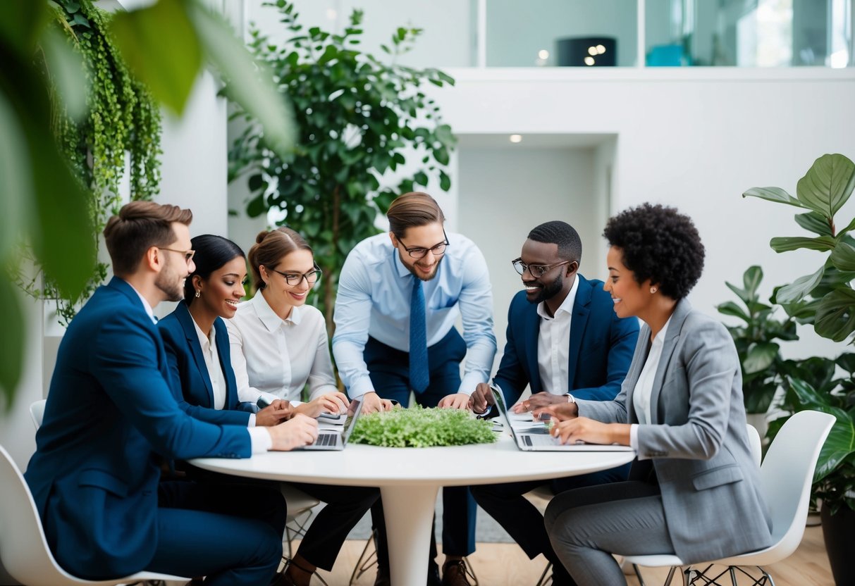 Un groupe de professionnels divers collabore autour d'une table, entouré de verdure et d'éléments de design durable.