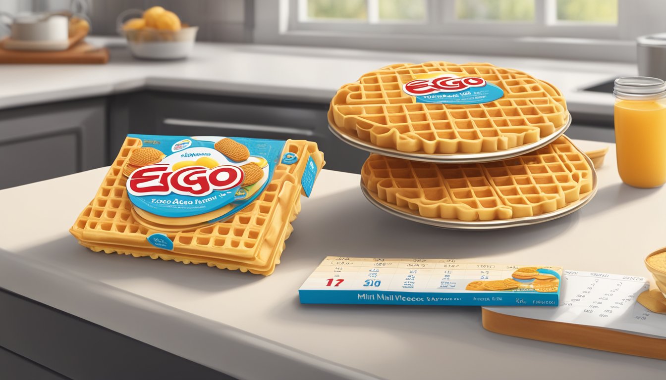 A stack of Eggo mini waffles sits on a kitchen counter next to an open box, with a calendar in the background indicating the current date