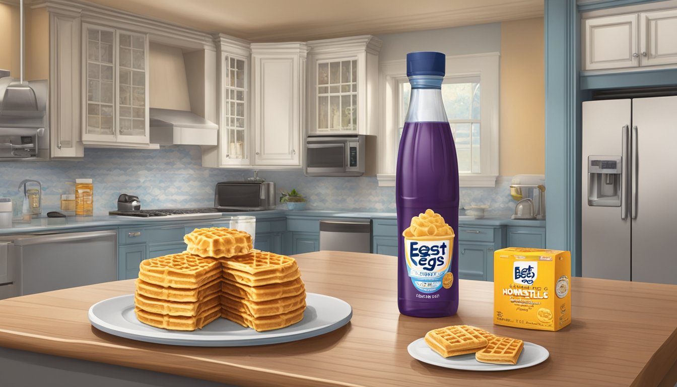 A box of Eggo Homestyle waffles sits on a kitchen counter, surrounded by a toaster and syrup bottle. The waffles are still in their packaging, with a "best by" date clearly visible