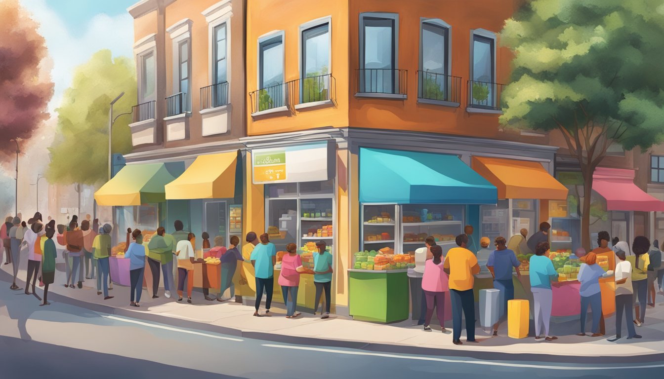 A bustling street corner with a colorful community fridge surrounded by people donating and receiving food items