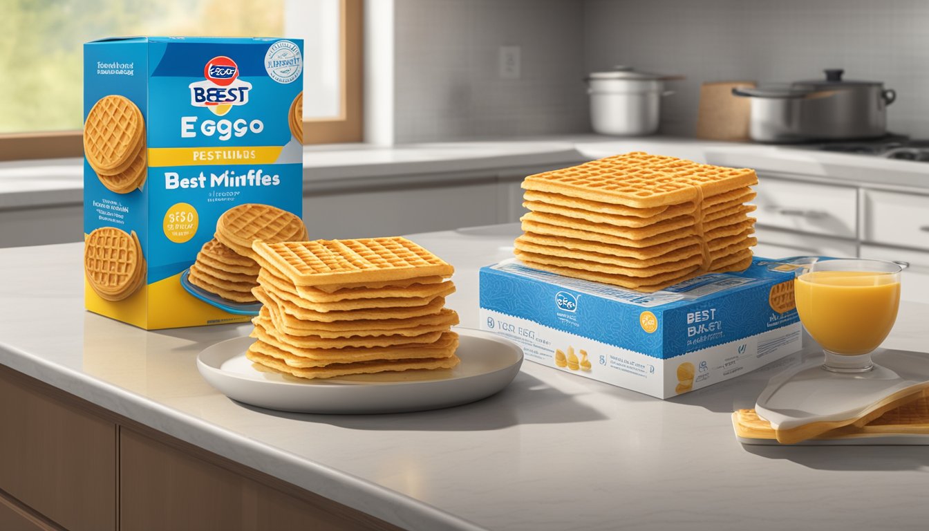 A stack of eggo mini waffles sits on a kitchen counter, next to an open box with a "best by" date visible