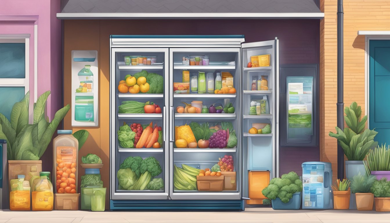 A community fridge surrounded by diverse resources in a vibrant local setting