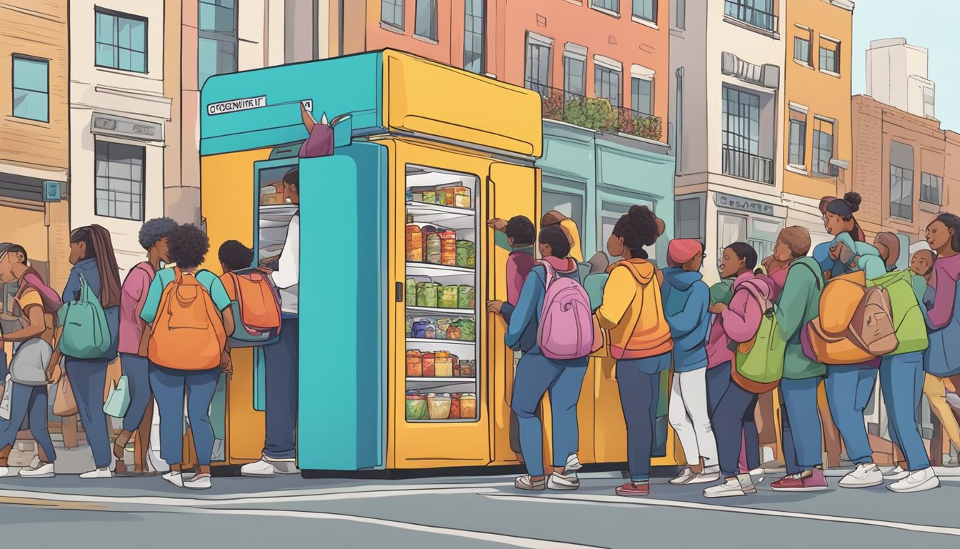 A colorful community fridge sits on a busy street corner, surrounded by a diverse group of people dropping off and picking up food items