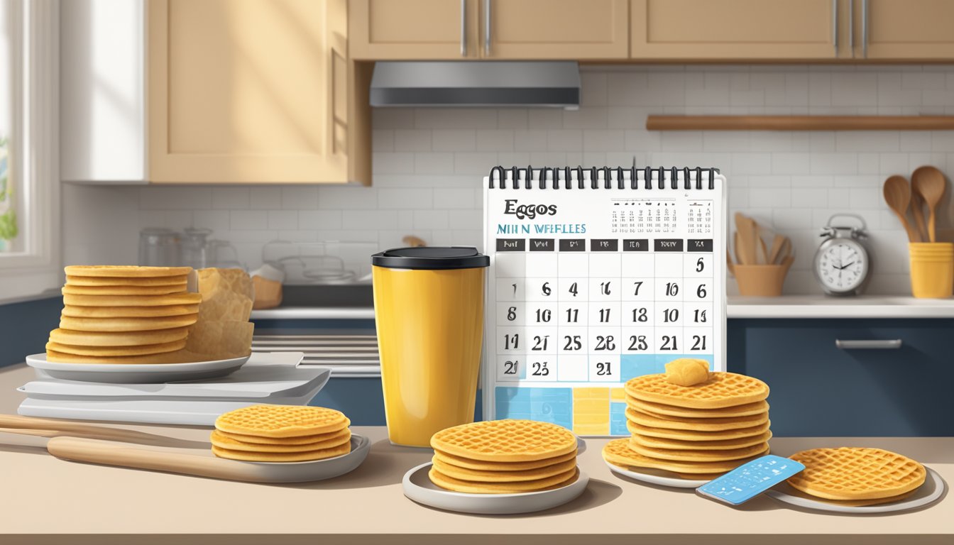 A kitchen counter with a box of Eggo mini waffles, a calendar, and a clock, showing the passage of time