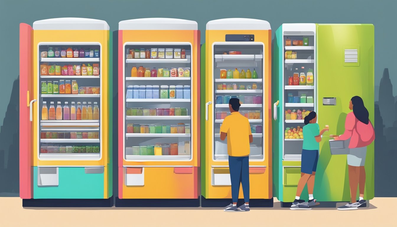 A row of brightly colored community fridges with open doors, filled with neatly organized food and drinks, surrounded by a diverse group of people accessing the contents