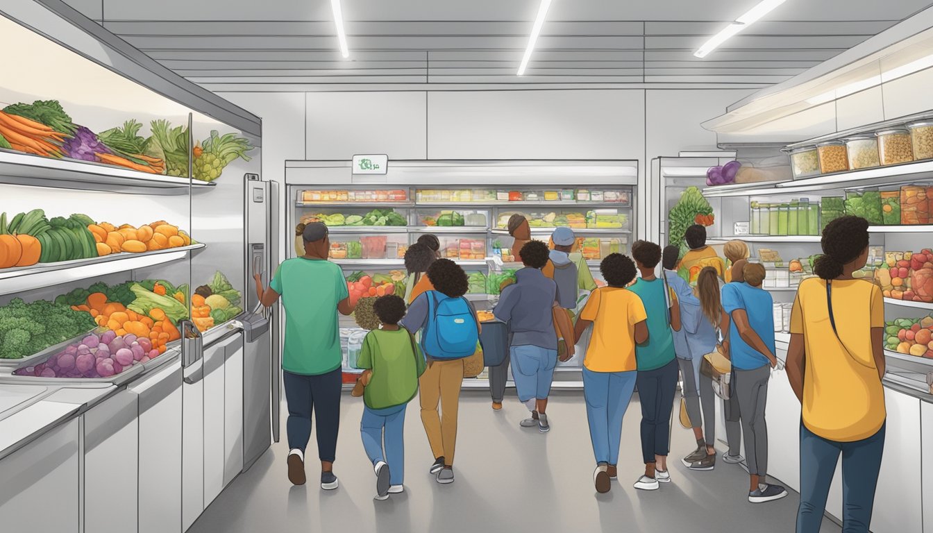 A bustling community fridge in Garland, TX, filled with fresh produce and food items, with people coming and going to donate and take what they need