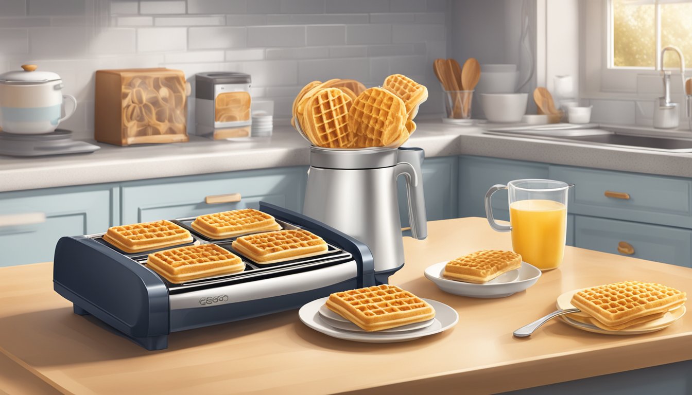 A box of Eggo mini waffles sits on a kitchen counter, surrounded by a toaster and a plate. Steam rises from the freshly toasted waffles