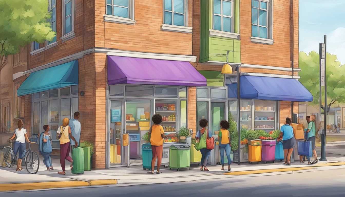 A bustling street corner in Garland, Texas, with a colorful community fridge accessible to all