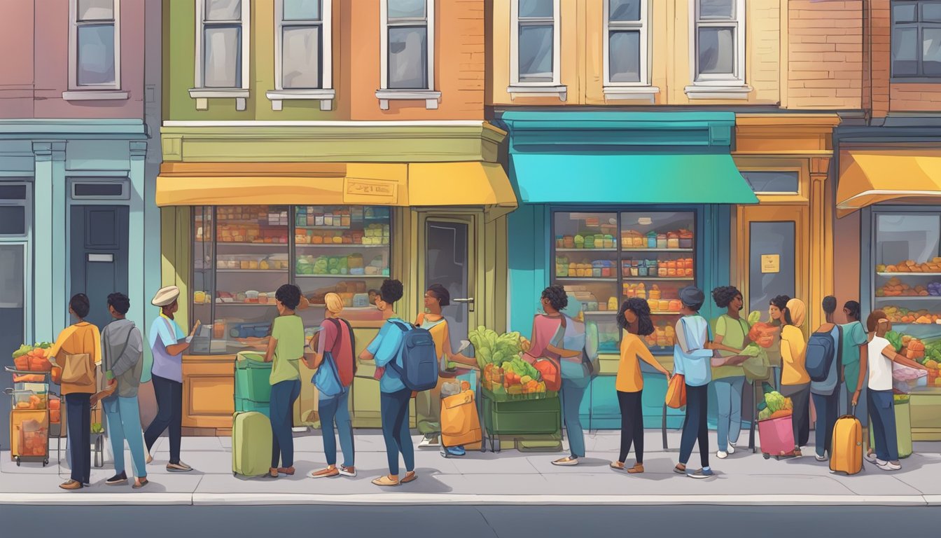 A bustling street corner with a colorful community fridge surrounded by people donating and taking food items