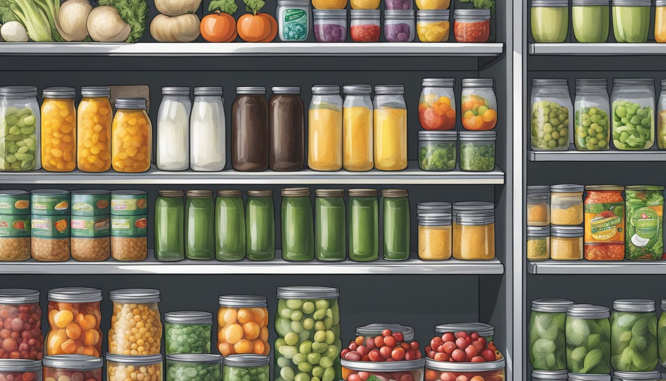 A diverse array of fresh produce, canned goods, and packaged foods fill the shelves of a community fridge in Garland, TX