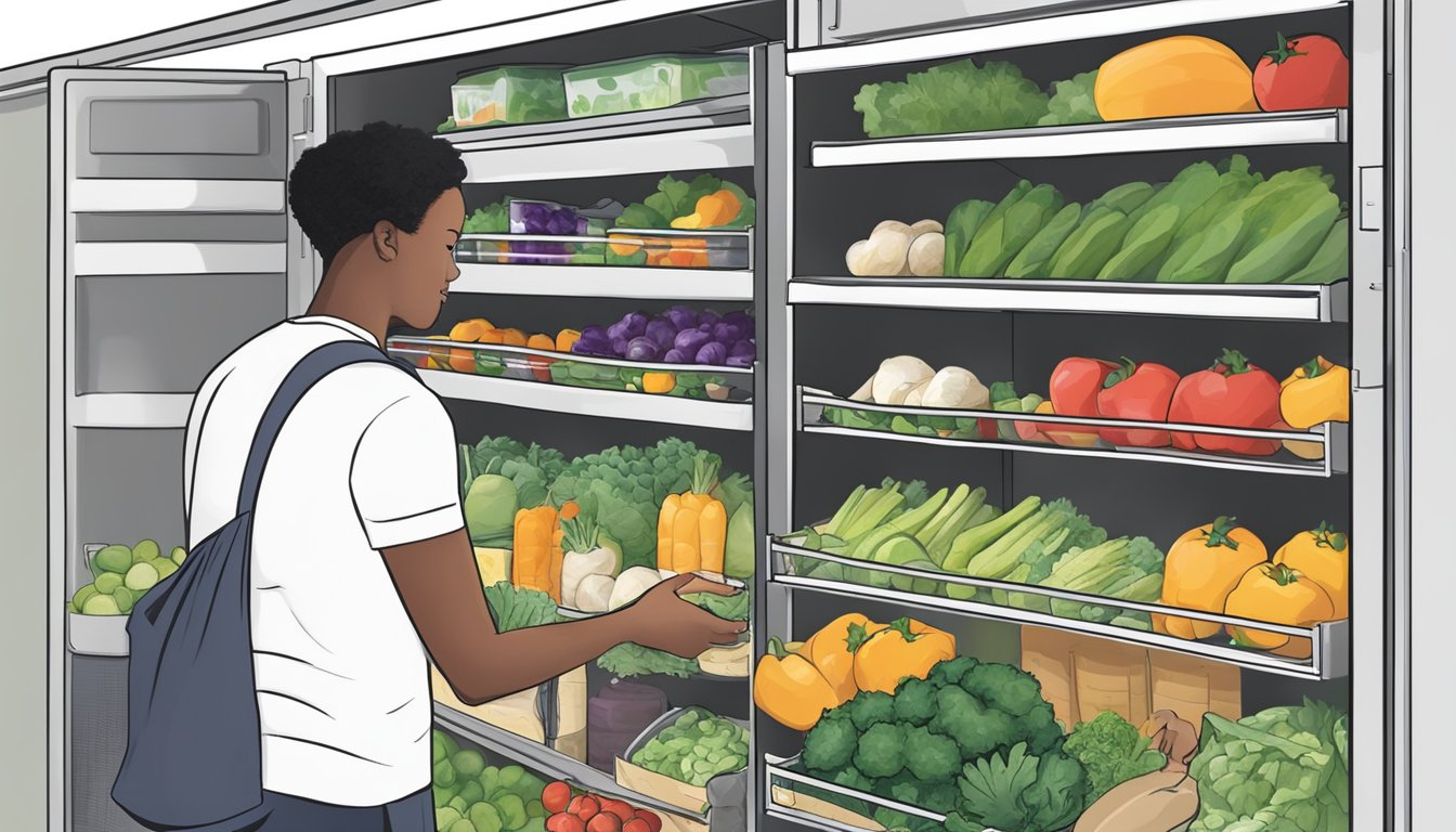 A volunteer stocking a community fridge in Garland, TX with fresh produce and other food items