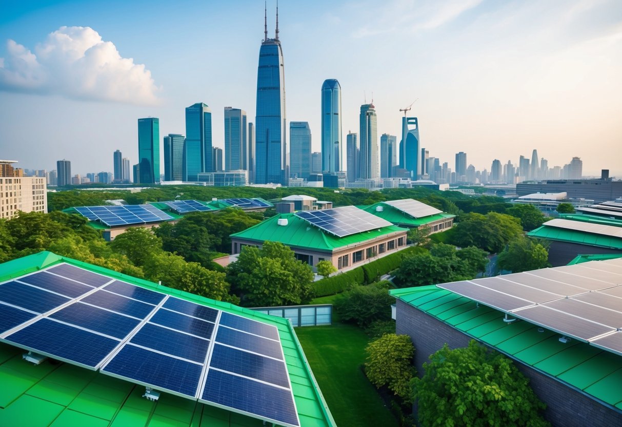 Une skyline urbaine animée avec des toits verts et des panneaux solaires, entourée d'une végétation luxuriante et d'infrastructures énergétiques propres.