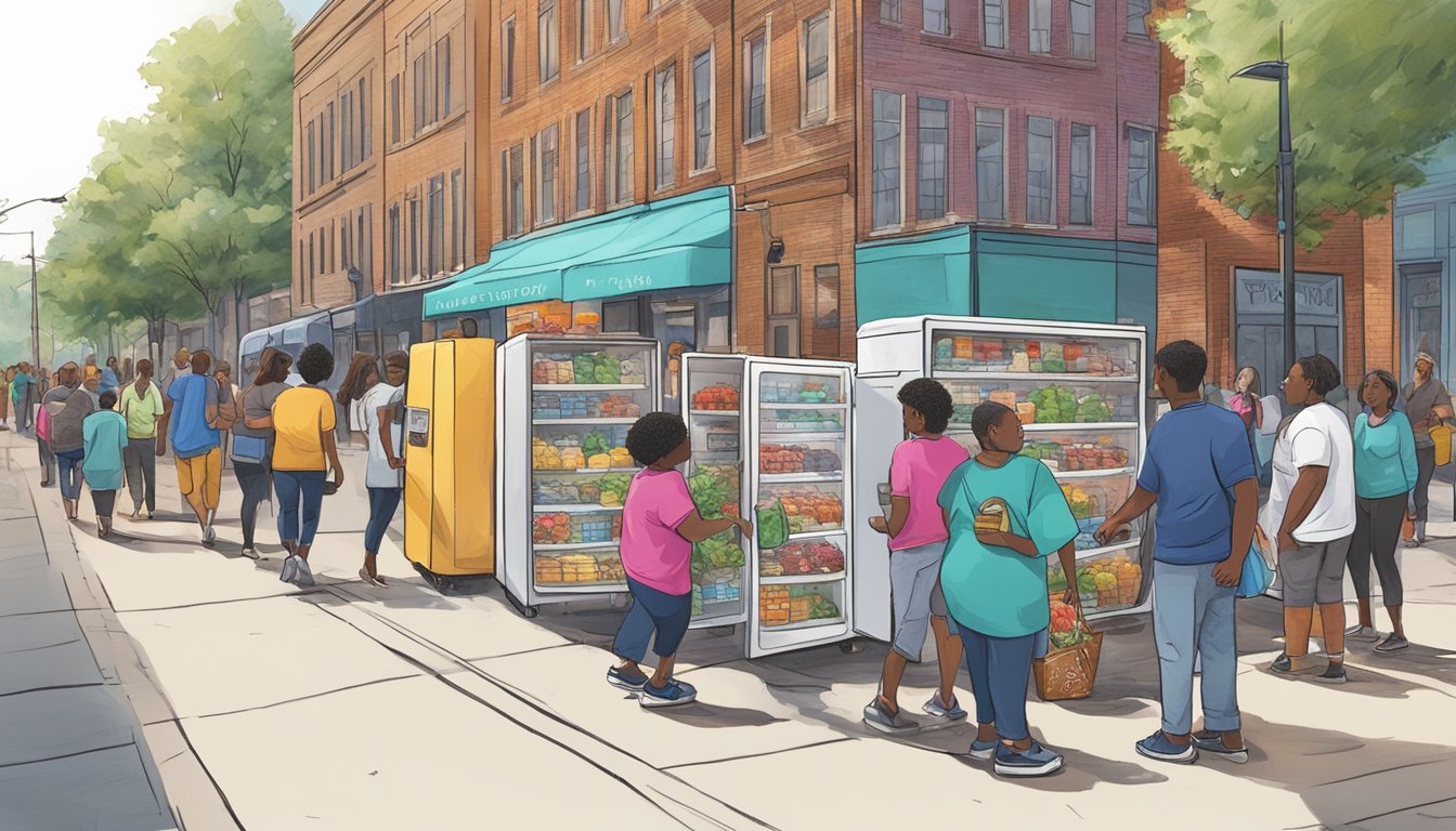 A bustling street with a colorful community fridge surrounded by people donating and taking food in Memphis, TN